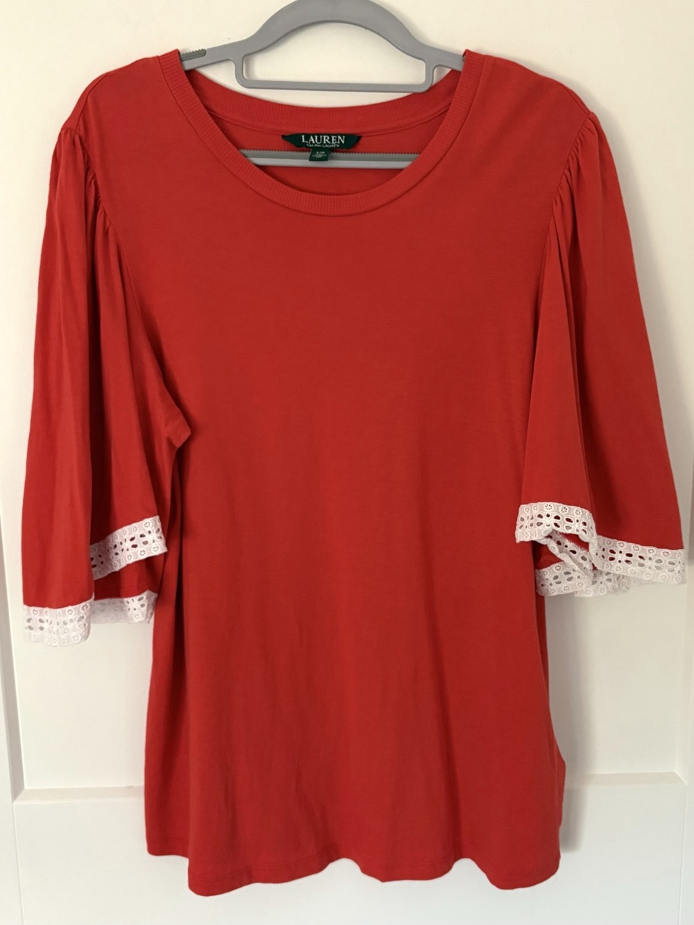 Lauren Ralph Lauren Red Bell Sleeve Eyelet Lace Trim Knit Top - L